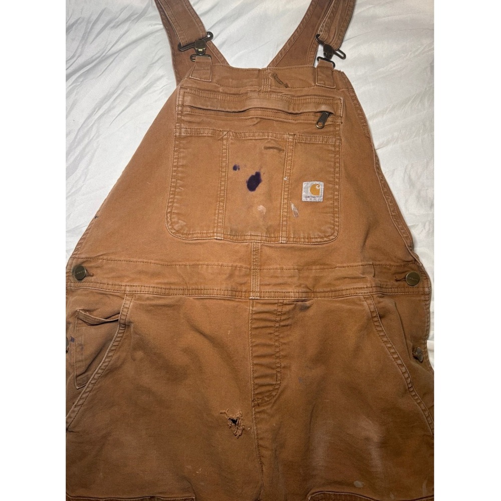 Carhartt Duck Bib Overalls Mens Medium Brown Distressed Workwear Streetwear - Picture 5 of 8